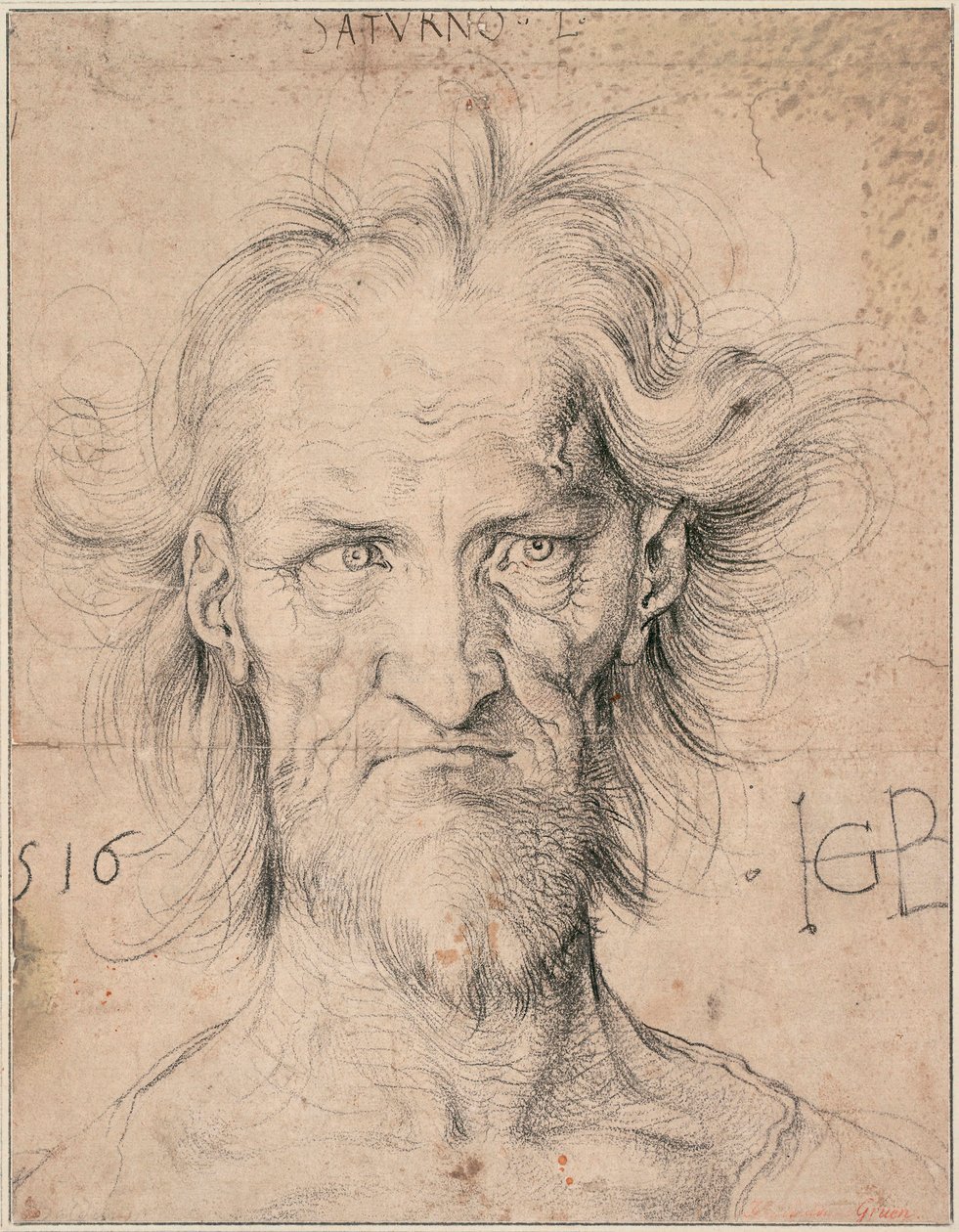 Szakállas öregember feje, Szaturnusz ("Szaturnusz" szakállas öregember feje) - Hans Baldung (1484-1545) rajza, fekete kréta papíron alkotó: Hans Baldung Grien