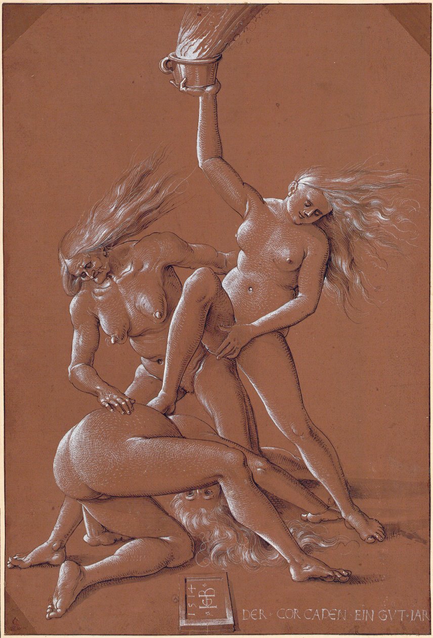 Újévi üdvözlet három boszorkánnyal – Hans Baldung (1484-1545) festménye és fehér krétája papíron alkotó: Hans Baldung Grien