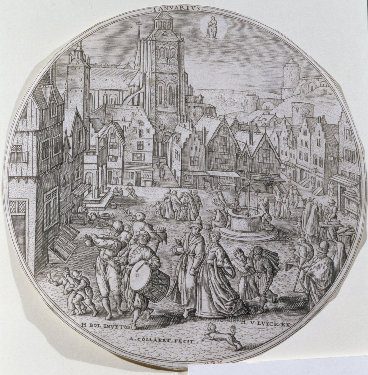 Január, a bergeni piactéren a Tizenkettedik Éjszakát ünneplő polgárok egy tizenkét „Az év hónapja” sorozatból, amelyet Adriaen Collaert (1560-1618) vésett alkotó: Hans Bol