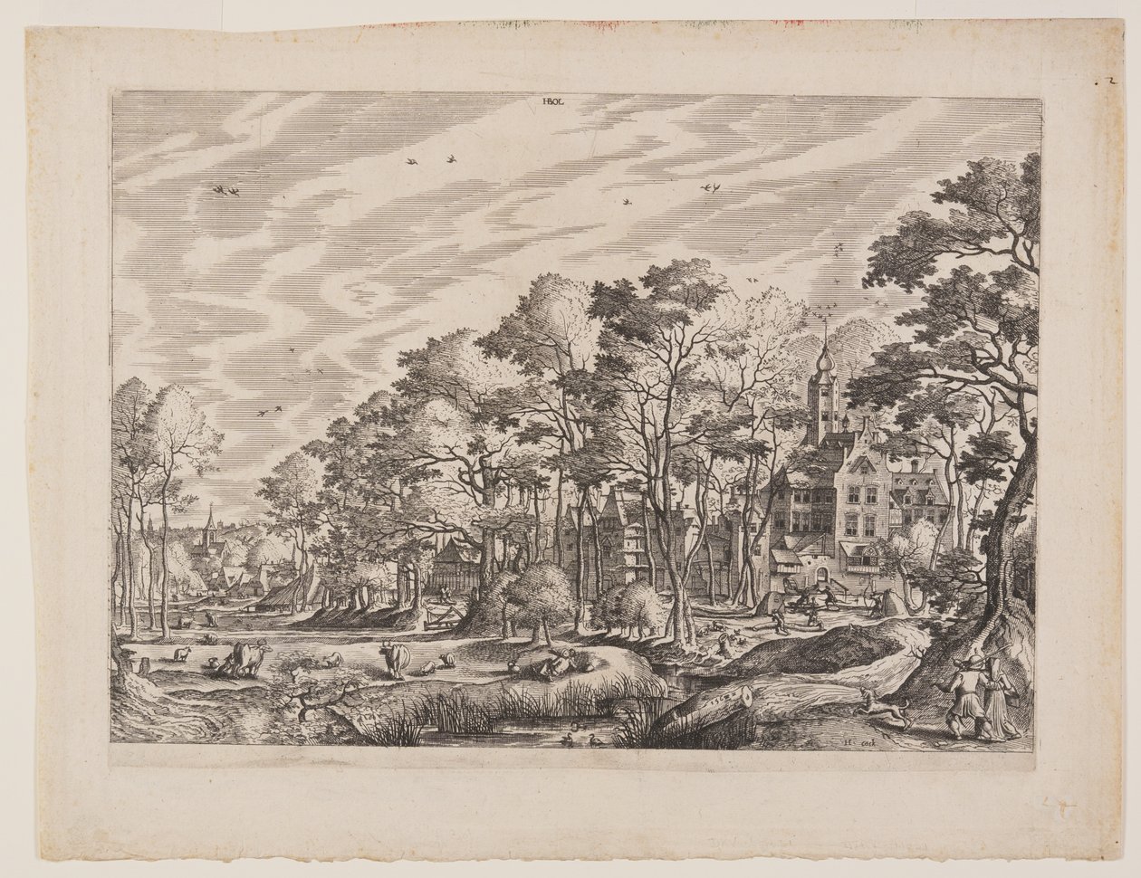 Nézet egy falura, jobbra egy kastéllyal, 1. lemez a Landscapes with Views of Villages (Tájképek falvakra nyíló kilátással) című kiadványból alkotó: Hans Bol