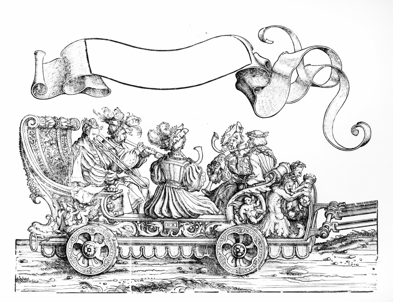 Jelenet Maximilian diadalmenetéből, 1516-1518 körül (fametszet) (bw fotó) alkotó: Hans Burgkmair