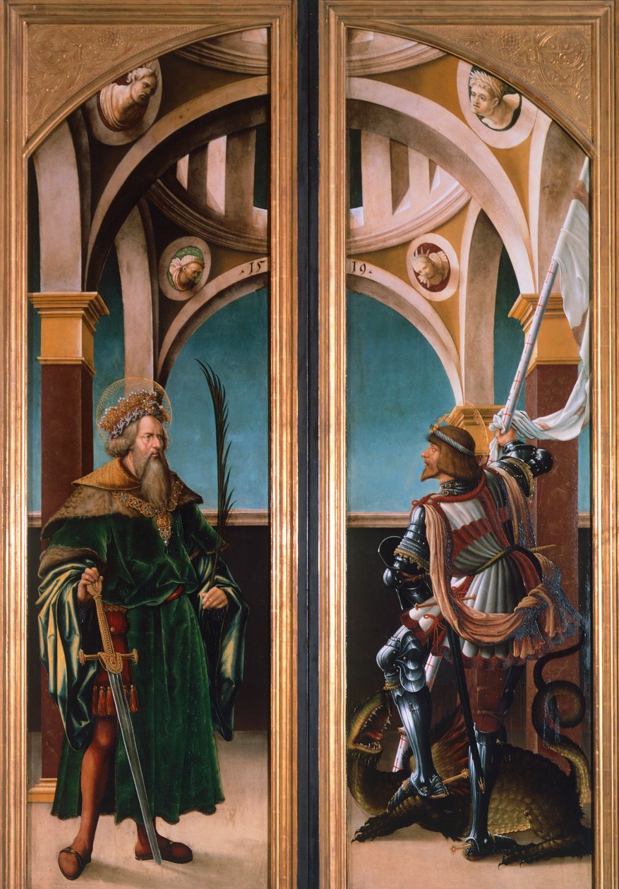 Szent Zsigmond és Szent György, részlet a keresztre feszítés triptichonjának ajtajából alkotó: Hans Burgkmair