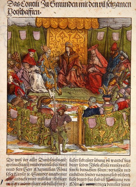 Gmunden Tanácsa fontos külföldi látogatókkal, a „Der Weisskunig”-ból, 1515 körül (kézzel színezett fametszet) alkotó: Hans Burgkmair