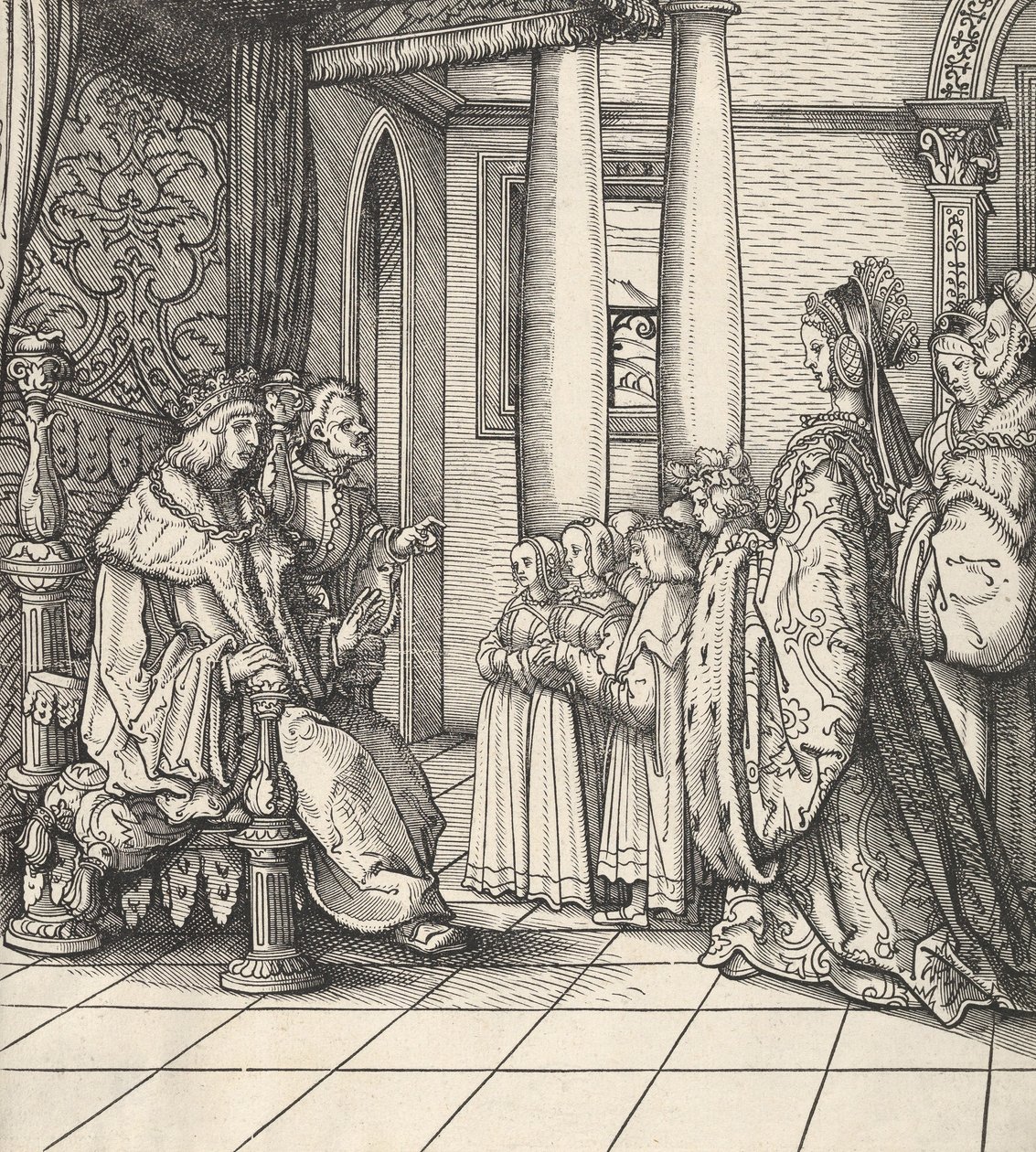 A fehér király lányát, Margitot és Fülöp király gyermekeit fogadja a Der Weisskunigból, 1514-16 alkotó: Hans Burgkmair