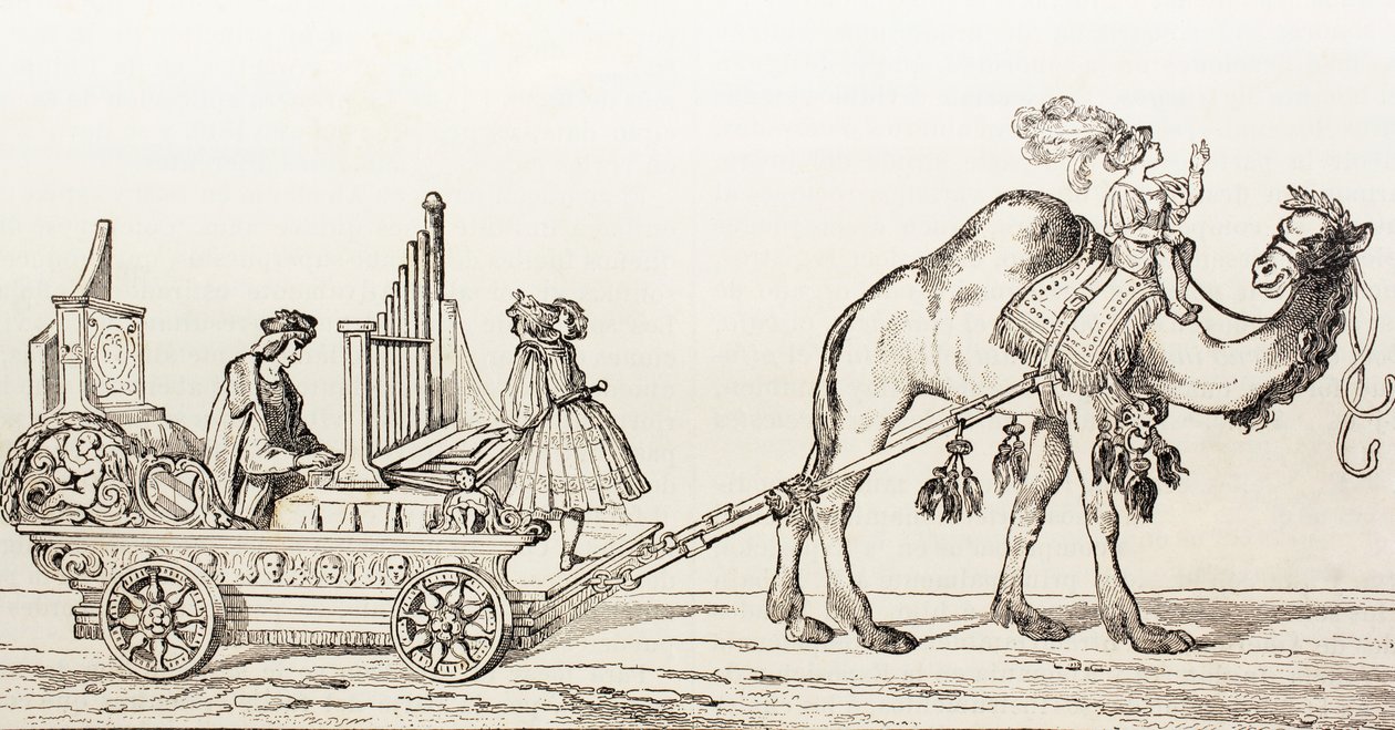 Paul Hofhaimer orgonaművész egy teve húzott hintón játszik az El Mundo Ilustrado-ból, Barcelona, 1880. alkotó: Hans Burgkmair