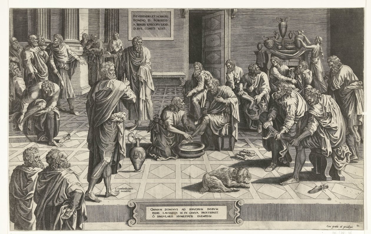 Christ wast de voeten van de discipelen Mindenek Ura térdre borul, hogy megmossa szolgái lábát, a páratlan alázat példája (cím a tárgyon) alkotó: Hans Collaert (I) (attributed to)