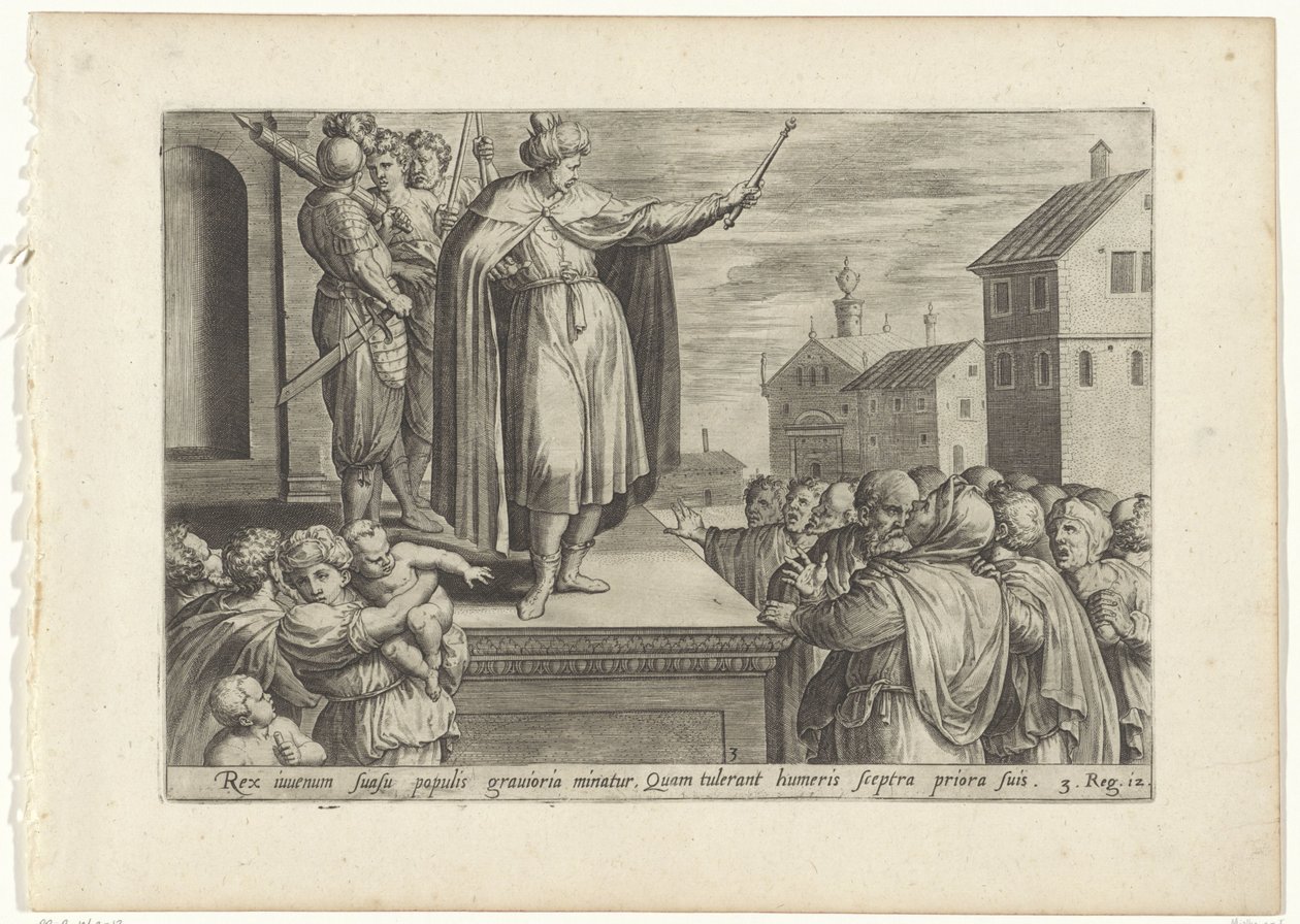 Rechabeam antwoordt het volk Geschiedenis van Jeroboam en Rechabeam (sorozat címe) Az Ószövetség szent történeteinek kincsestára (...) (sorozat címe) alkotó: Hans Collaert (I) (attributed to)