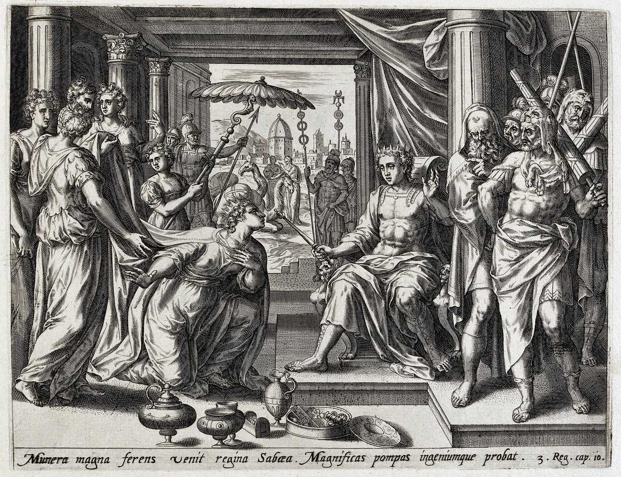 Salomo ontangt de koningin van Seba Geschiedenis van Salomo (sorozat címe) Salamon király története (...) (sorozat címe) Az ószövetség szent történetének kincse, a művészetben kifejezett legkiválóbb képekkel megválogatva alkotó: Hans Collaert (I) (attributed to)
