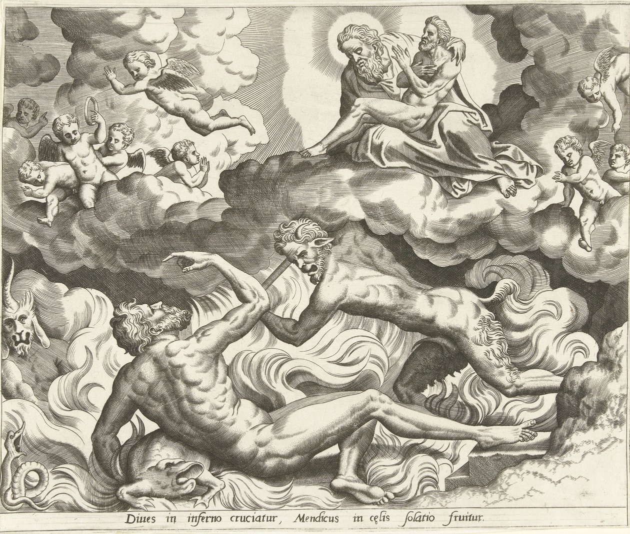 Lázár a mennyben és a gazdag ember a pokolban Lázár és a gazdag ember története (sorozat címe) alkotó: Hans Collaert (I) (possibly)