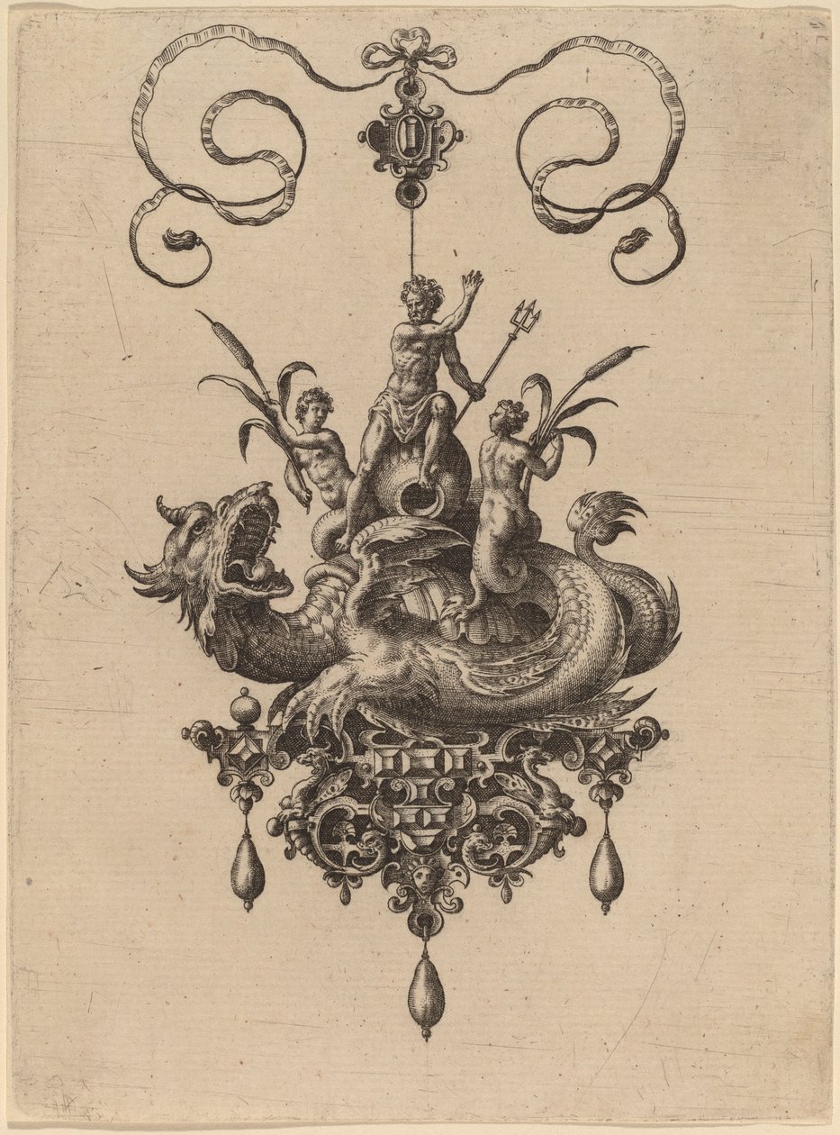 Tervezés egy Neptunuszt hordozó tengeri szörnyeteg medálhoz, amelyet két nereida szegélyez alkotó: Hans Collaert the Elder