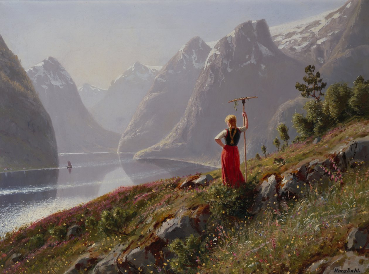 Lány egy gereblyével a fjord tájban alkotó: Hans Dahl