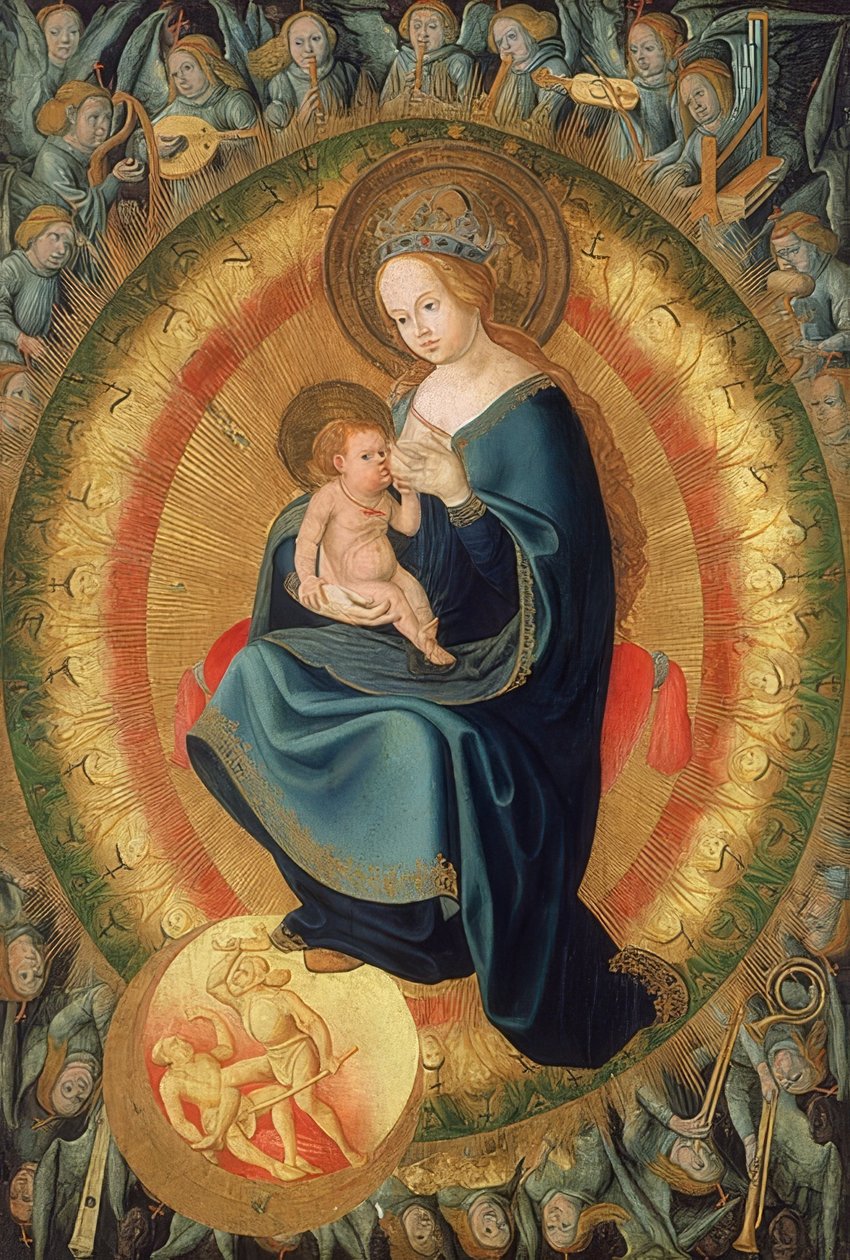 A gyermeket szoptató Mária angyali dicsőségben. 1500-10 alkotó: Hans Fries