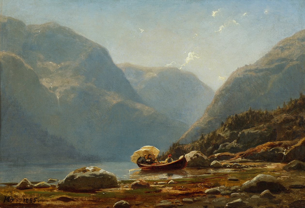 Fjord táj emberekkel evezős csónakban alkotó: Hans Gude