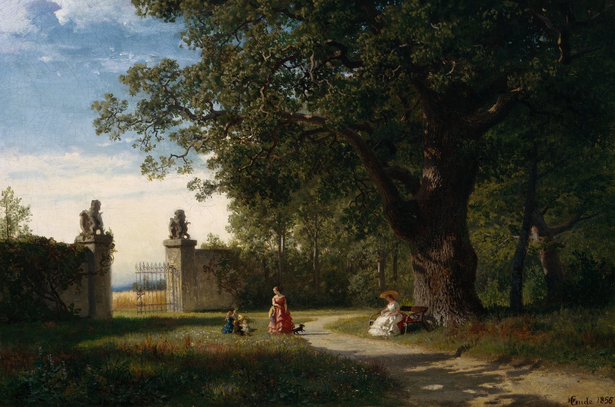 Park landscape with figure   1318955   hu       hungarian Successfully Translated  Original: Bredouilles. lEquipage dun Zeppelin Translat: Lap Ferdinánd bíboros 1635-ös Antwerpenbe érkezésének tíz ábrázolásával Specimina magnificentiorum in civitate Antver alkotó: Hans Gude