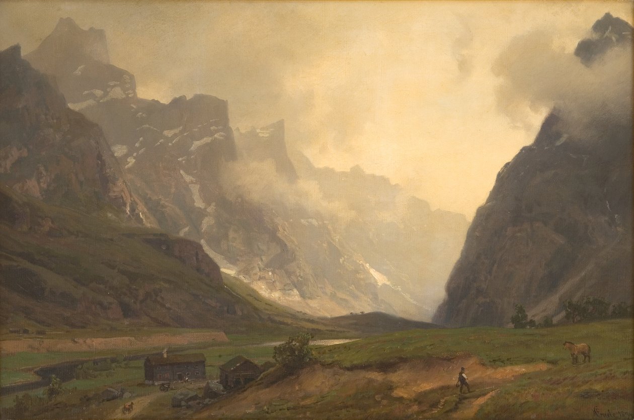A romsdaleni trollcsúcsok: Romsdalshorn lába jobbra alkotó: Hans Gude