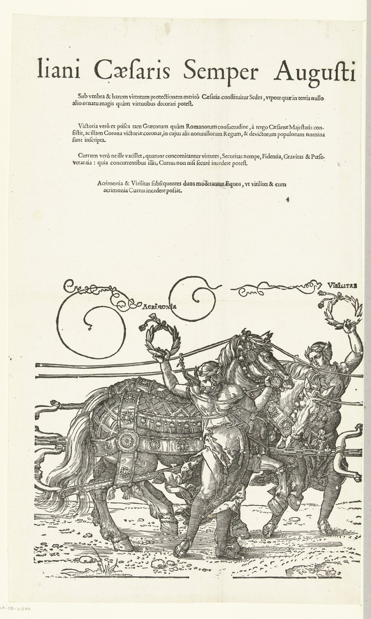 Triomfwagen van Keizer Maximiliaan I Kopieën naar Dürers Triomfwagen voor keizer Maximiliaan I (sorozat címe) Ez egy diadalmas szekér az Invictus tiszteletére. És a legdicsőségesebb herceg D. Maximilianus Caesaris Semper Augustus öltözött, És Albertus alkotó: Hans Guldenmund