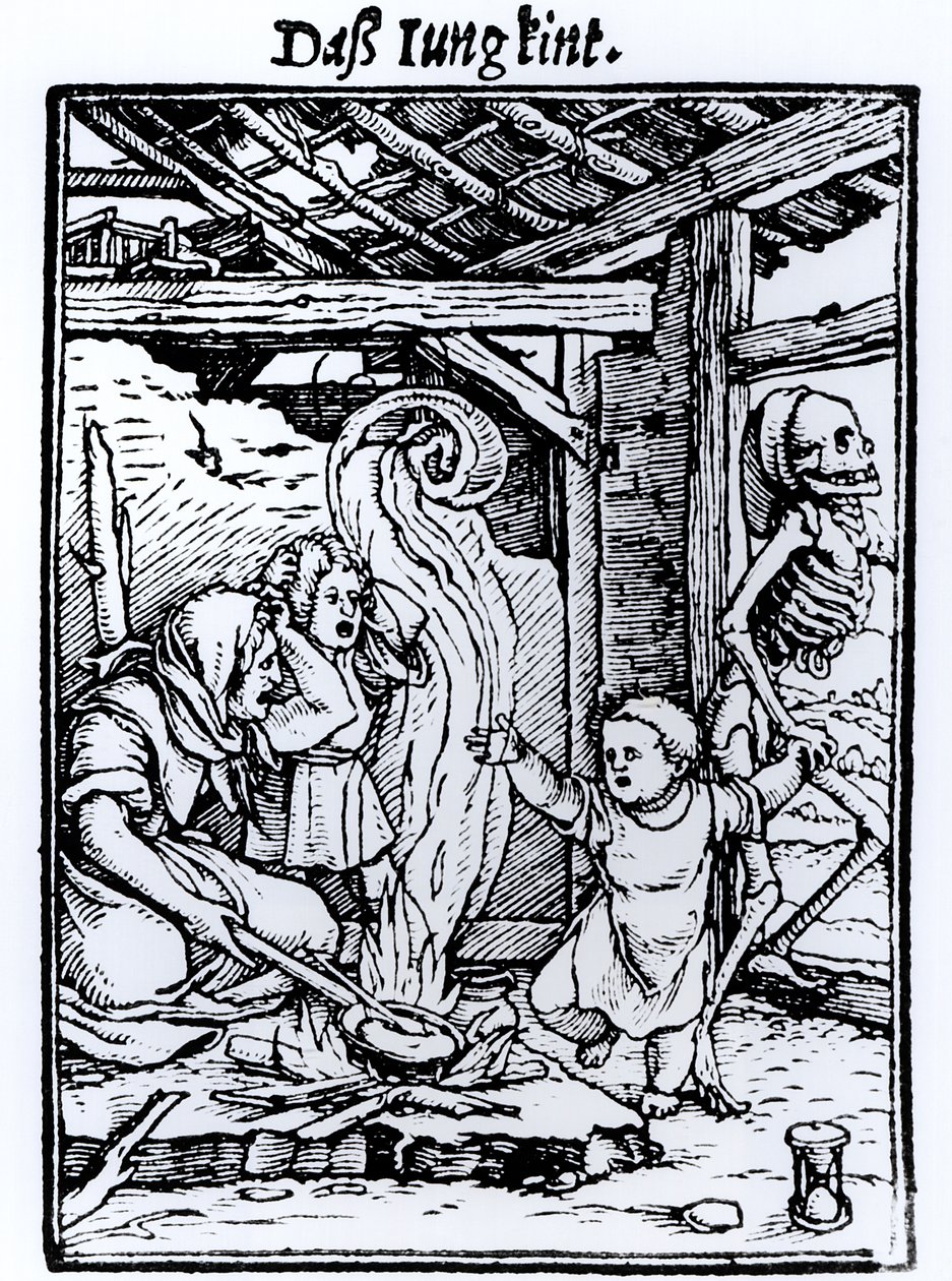 Gyerekhalál, a „Haláltánc” sorozatból, Hans Lutzelburger metszete, 1526-1528 körül alkotó: Hans Holbein der Jüngere