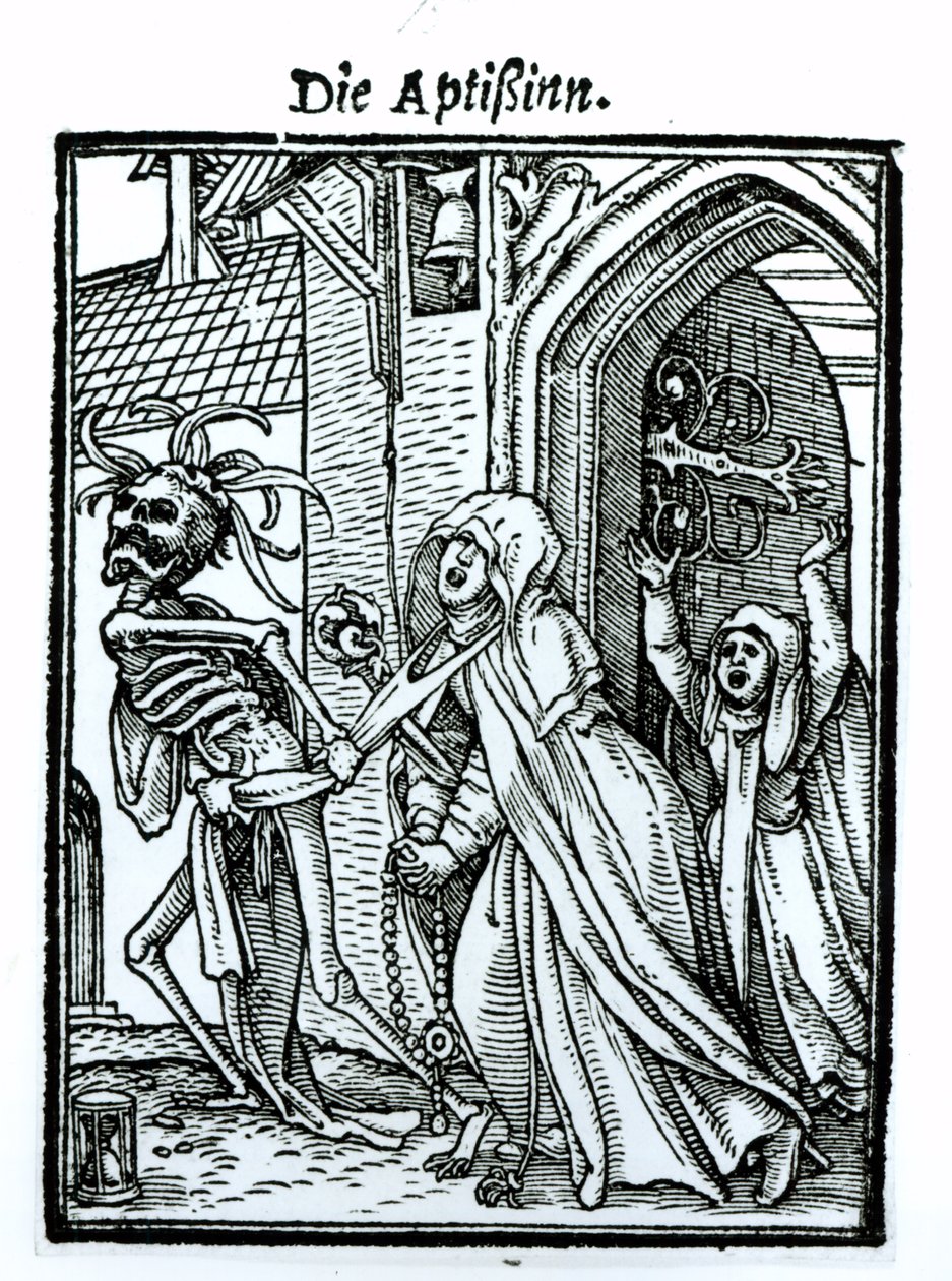 Halál és az apátnő, a "Haláltánc"-ból, Hans Lutzelburger metszete, 1538 körül alkotó: Hans Holbein der Jüngere