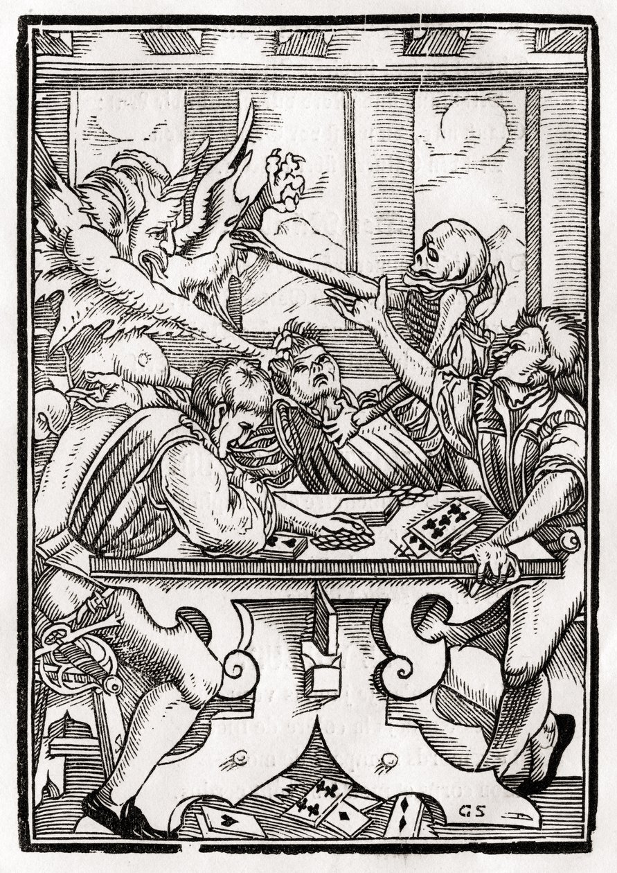 A Halál és az ördög a kártyajátékosért jön, Georg Scharffenberg metszet, a „Der Todten Tanz”-ból, Bázel, 1843 alkotó: Hans Holbein der Jüngere