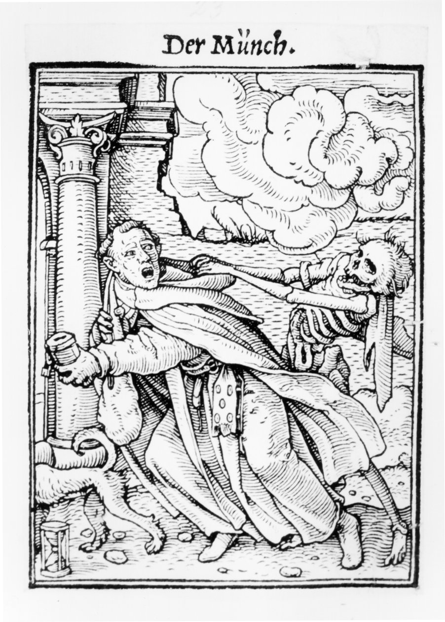 A Halál és a koldus szerzetes, a „Haláltánc”-ból, Hans Lutzelburger metszete, 1538 körül alkotó: Hans Holbein der Jüngere