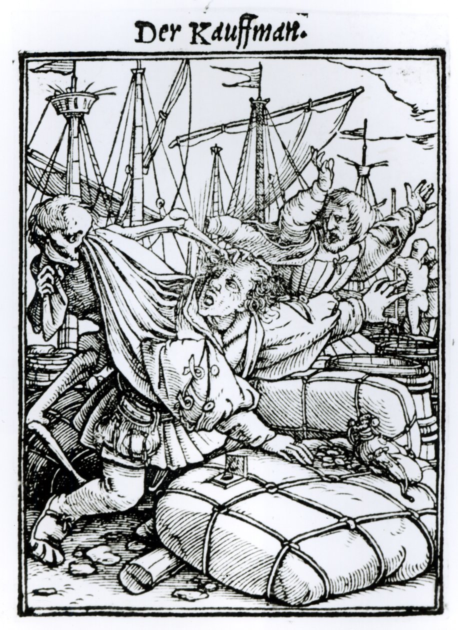 Halál és a kereskedő, a "Haláltánc"-ból, Hans Lutzelburger metszete, 1538 körül alkotó: Hans Holbein der Jüngere