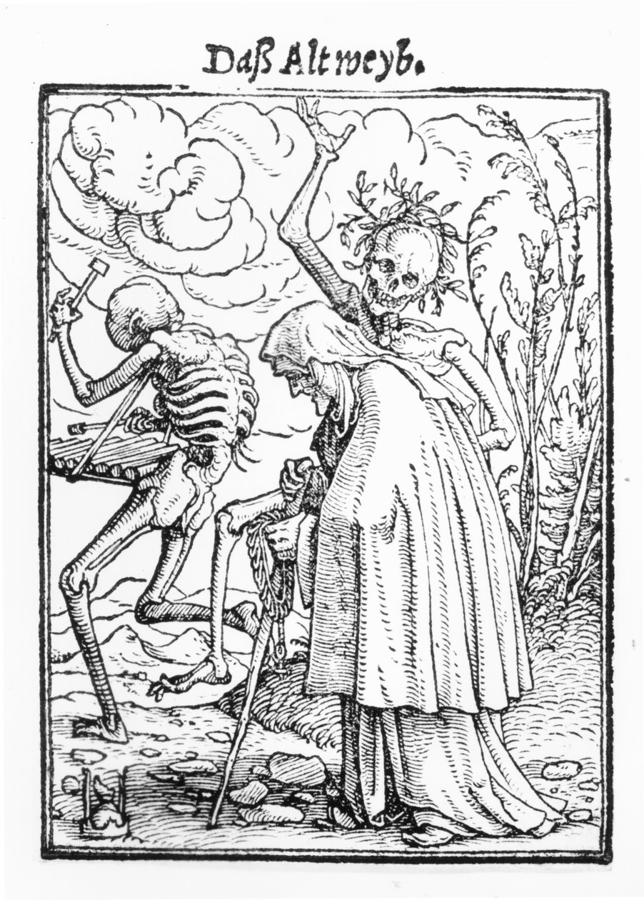 A halál és az öregasszony, a "Haláltánc"-ból, Hans Lutzelburger metszete, 1538 körül (fametszet) (fekete-fehér fotó) alkotó: Hans Holbein der Jüngere