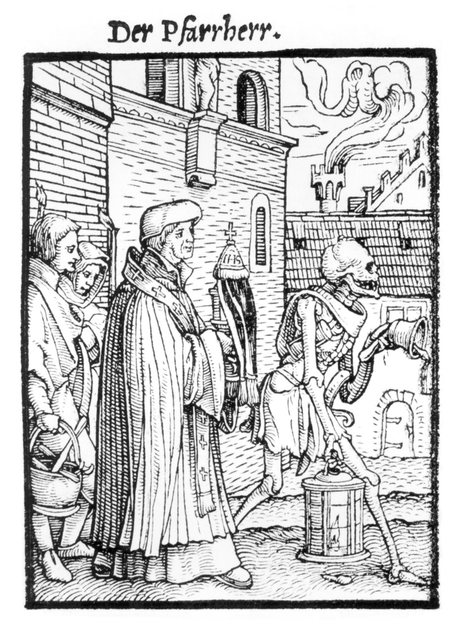 A Halál és a plébános, a "Haláltánc"-ból, Hans Lutzelburger metszete, 1538 körül alkotó: Hans Holbein der Jüngere