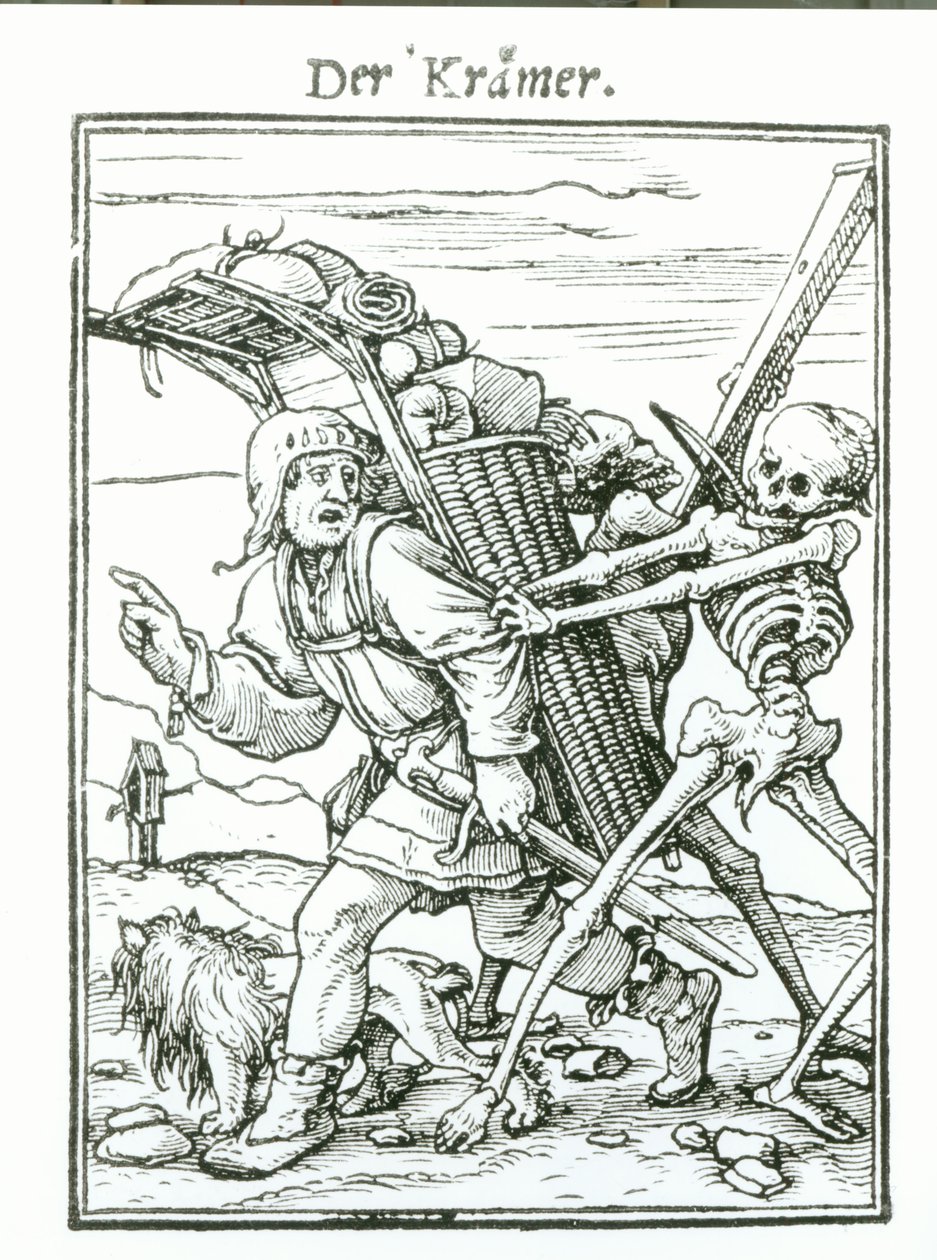 A Halál és a Pedlar a „Haláltánc”-ból, Hans Luutzelburger metszete, 1538 körül alkotó: Hans Holbein der Jüngere