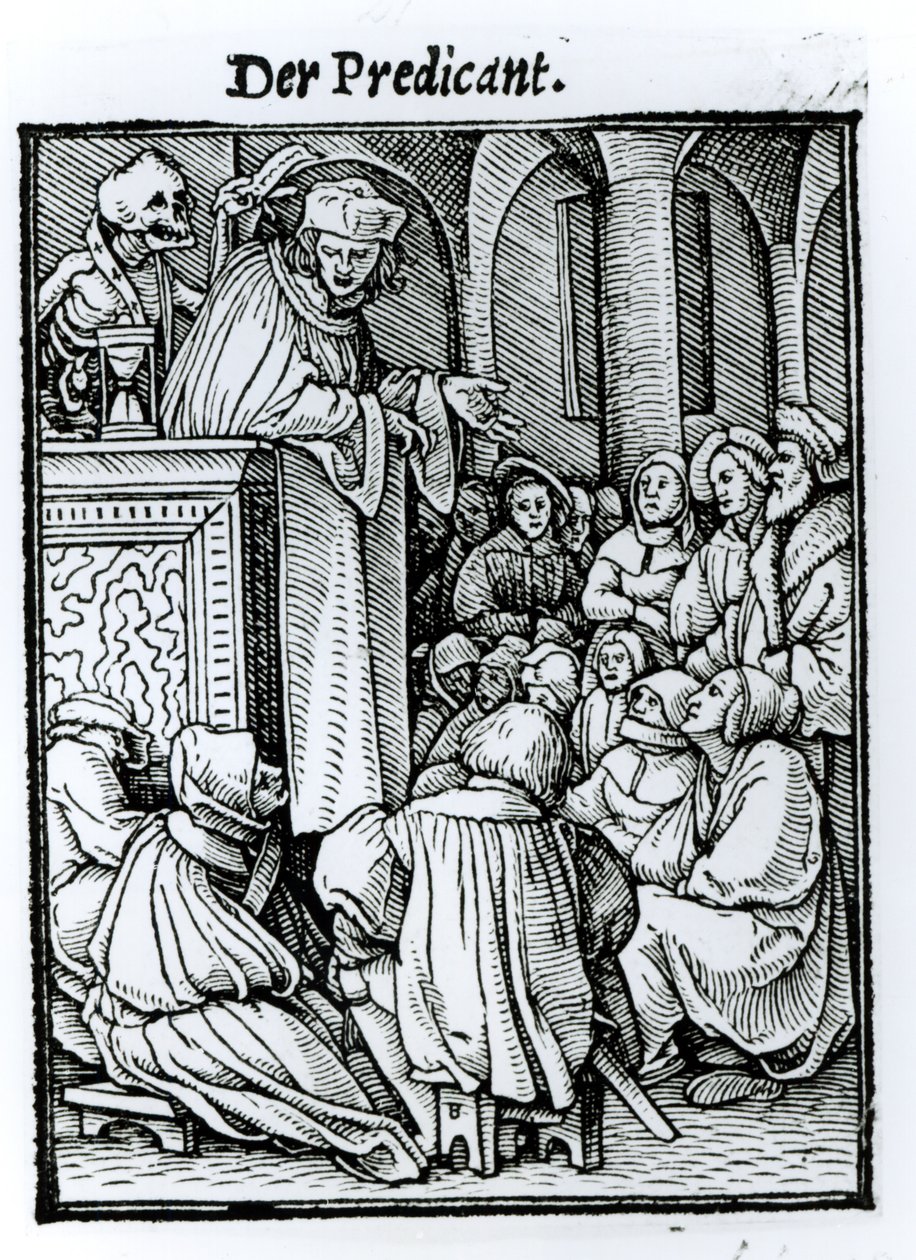 Halál és a prédikátor, a "Haláltánc"-ból, Hans Lutzelburger metszete, 1538 körül alkotó: Hans Holbein der Jüngere