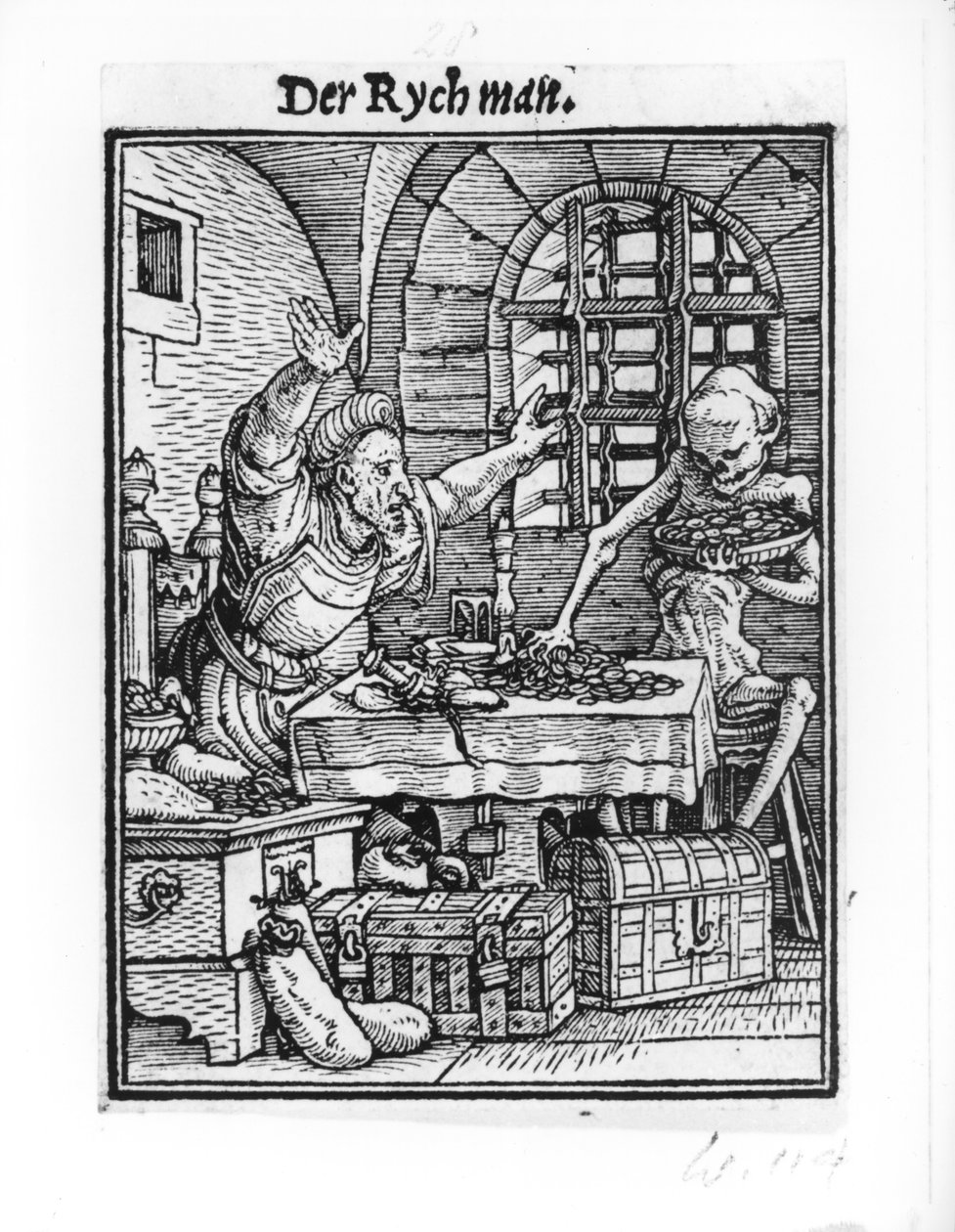 A Halál és a gazdag ember a "Haláltánc"-ból, Hans Lutzelburger metszete, 1538 körül alkotó: Hans Holbein der Jüngere