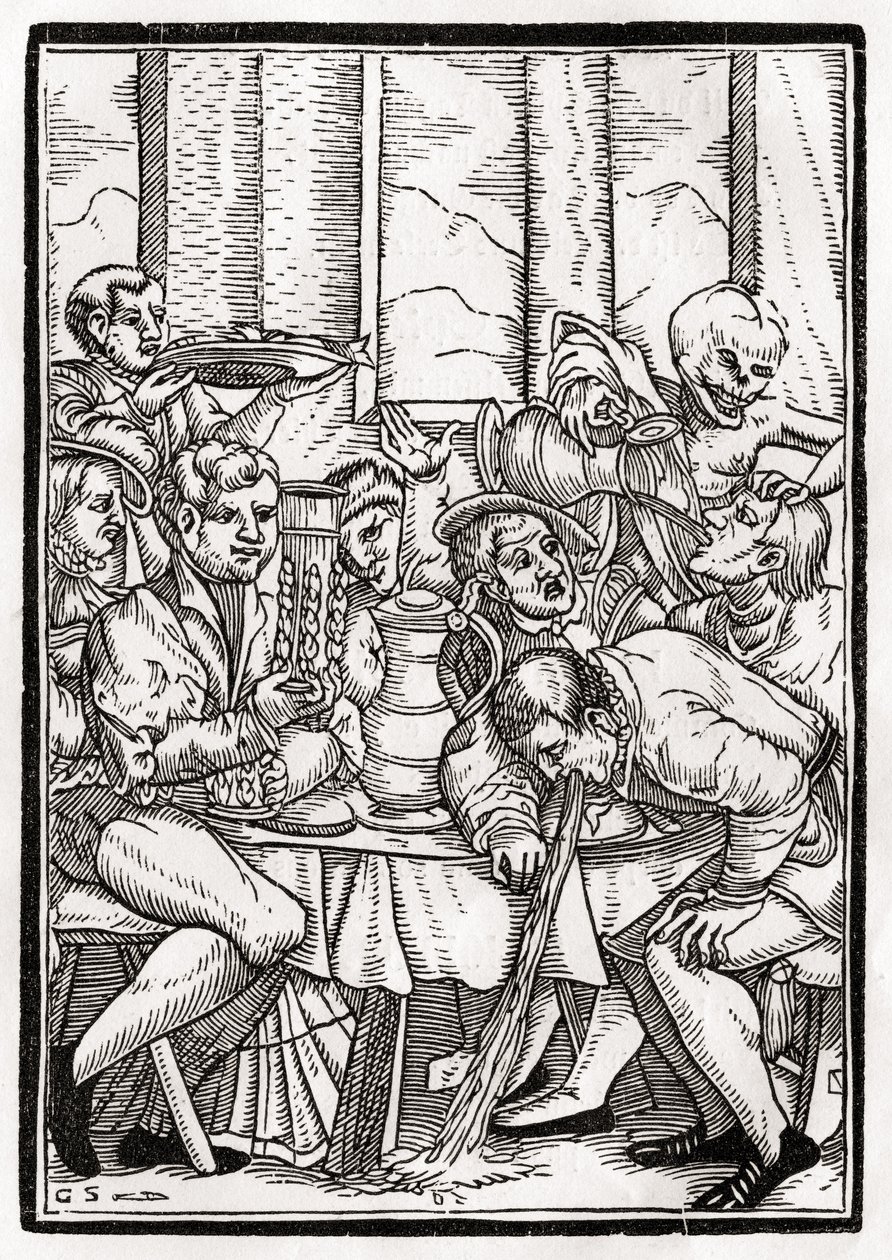 Halál jön a részegért, Georg Scharffenberg metszete a „Der Todten Tanz” című művéből, Bázelben, 1843 alkotó: Hans Holbein der Jüngere