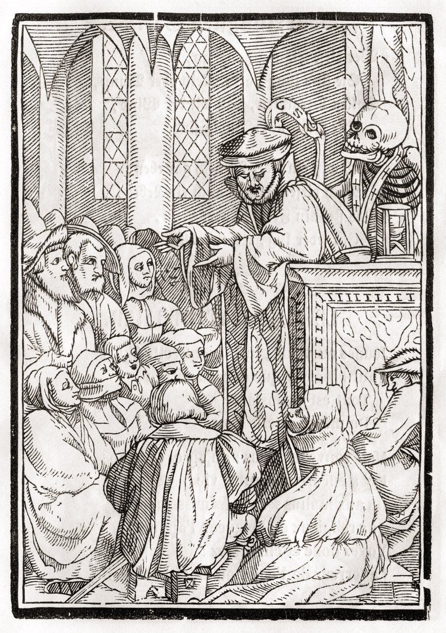 A halál jön a prédikátorért, Georg Scharffenberg metszete a „Der Todten Tanz”-ból, Bázelben, 1843 alkotó: Hans Holbein der Jüngere