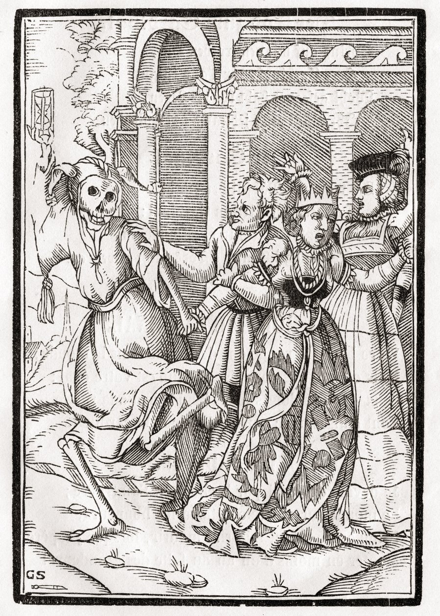 A halál jön a királynőért, Georg Scharffenberg metszete a „Der Todten Tanz”-ból, Bázel, 1843 alkotó: Hans Holbein der Jüngere
