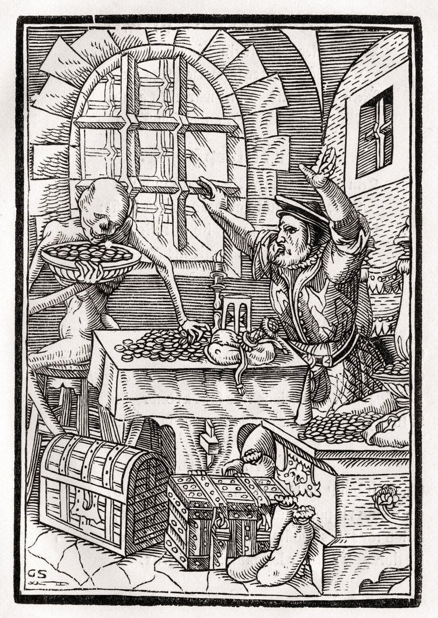 A halál jön a fösvényre vagy uzsorásra, Georg Scharffenberg metszete a „Der Todten Tanz”-ból, Bázelben, 1843 alkotó: Hans Holbein der Jüngere