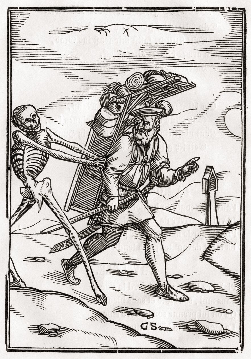 A Halál megérkezik a pedálra, Georg Scharffenberg metszete a „Der Todten Tanz”-ból, Bázelben, 1843 alkotó: Hans Holbein der Jüngere