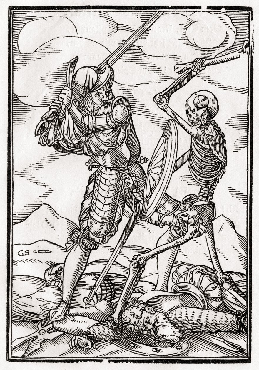 A halál megérkezik a katonára, Georg Scharffenberg metszetét a „Der Todten Tanz”-ból, Bázelben, 1843-ban. alkotó: Hans Holbein der Jüngere