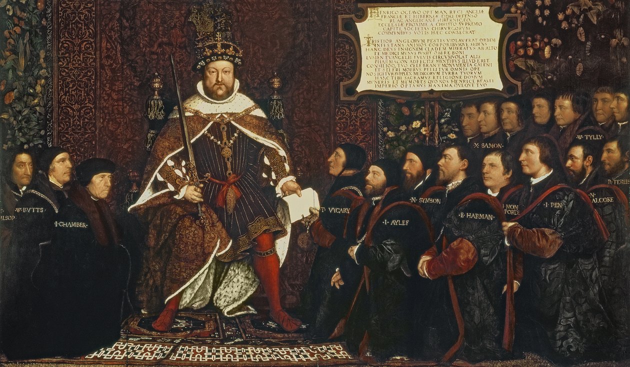 VIII. Henrik átadja Thomas Vicarynak a borbélyok és sebészek céhének egyesülésére emlékeztető oklevelet, 1541. alkotó: Hans Holbein der Jüngere
