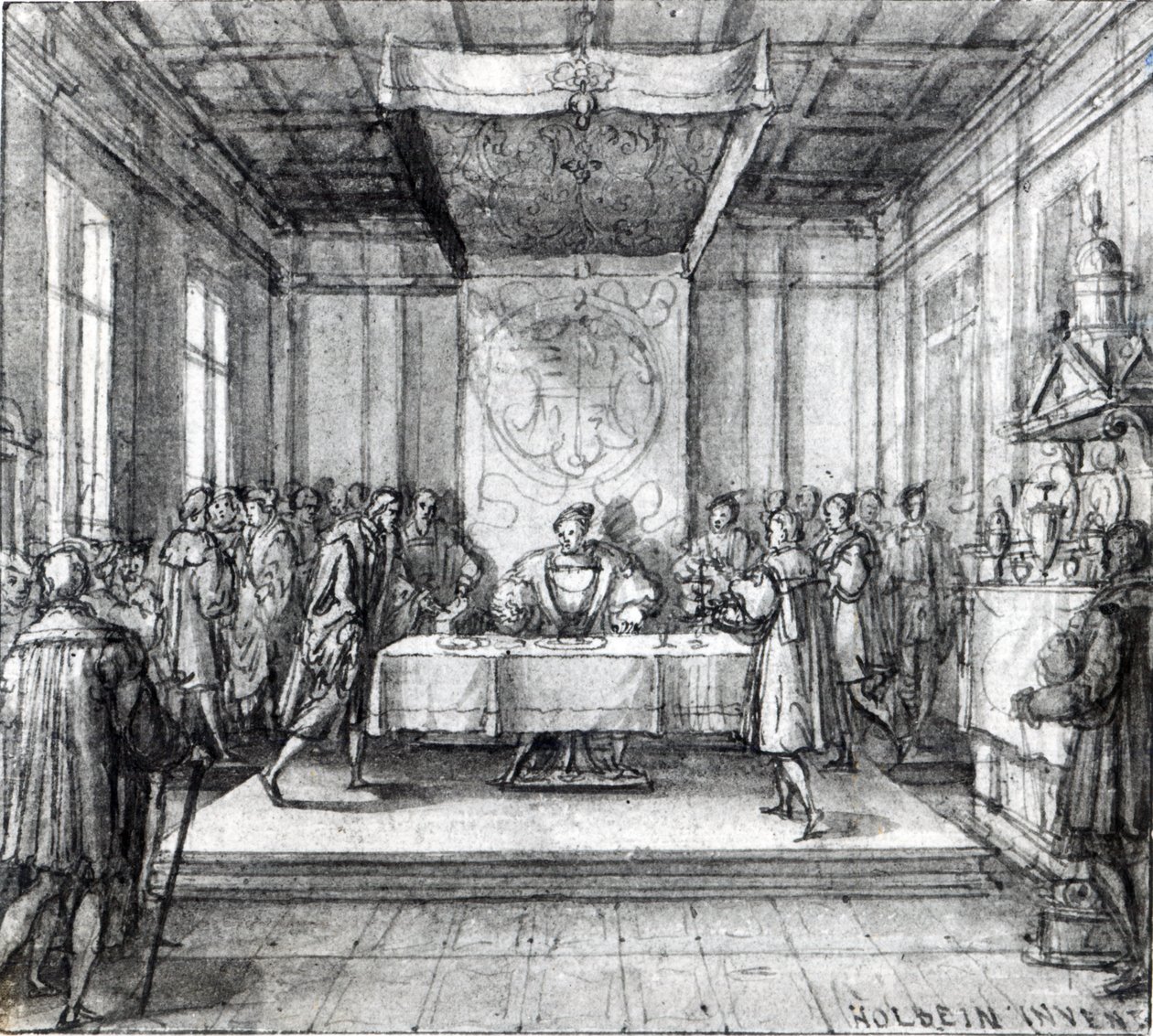 VIII. Henrik titkos kamrájában (toll, tinta és mosás papíron) alkotó: Hans Holbein der Jüngere