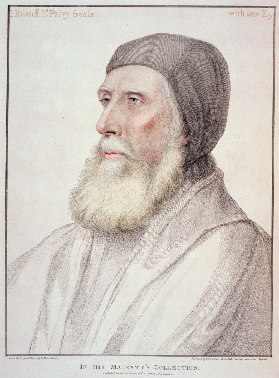 John Russell, Bedford 1. grófja (1485-1555) portréja, amelyet Francesco Bartolozzi (1727-1815) vésett alkotó: Hans Holbein der Jüngere