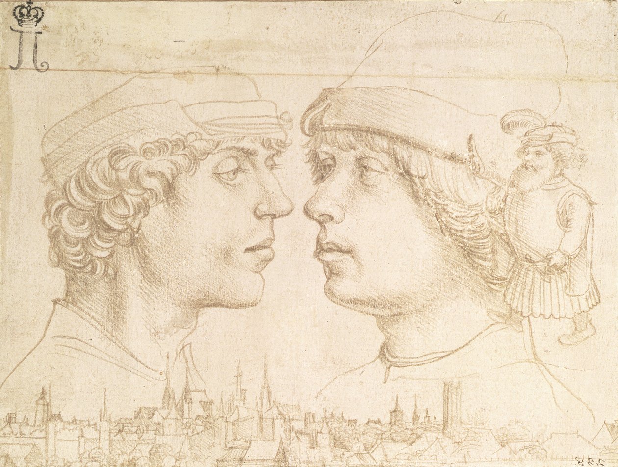 Két fiatal portréja, egy törpe és egy városkép, 1514 körül (ezüstpont) alkotó: Hans Holbein der Jüngere