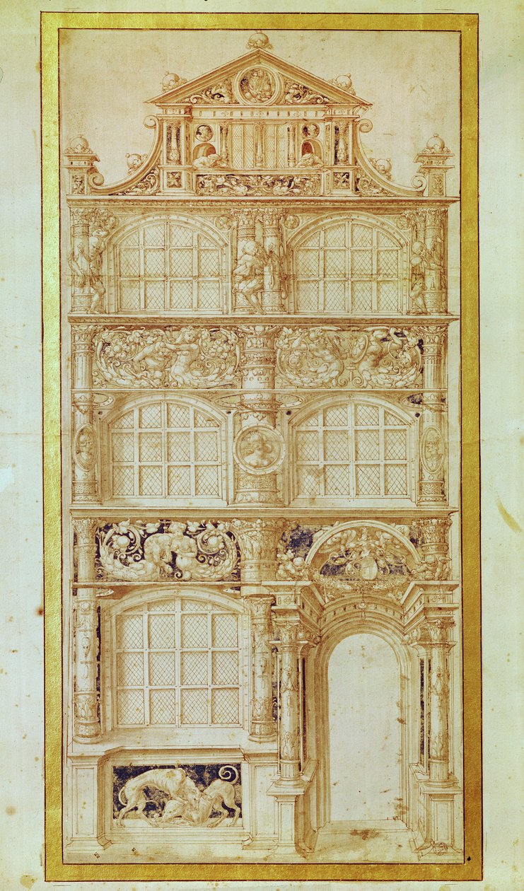 Javaslat háromemeletes ház homlokzatára és oromzatra (papíron toll és tinta) alkotó: Hans Holbein der Jüngere