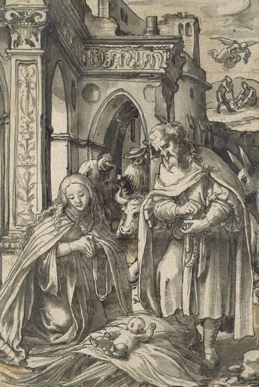 A Születés (ecset és tus, szürke tus) alkotó: Hans Holbein der Jüngere