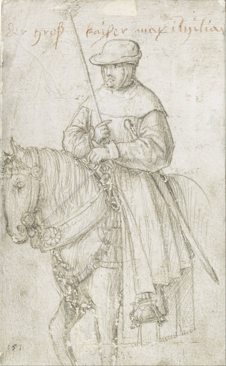 I. Maximilián császár utazóruhában lóháton alkotó: Hans Holbein the Elder