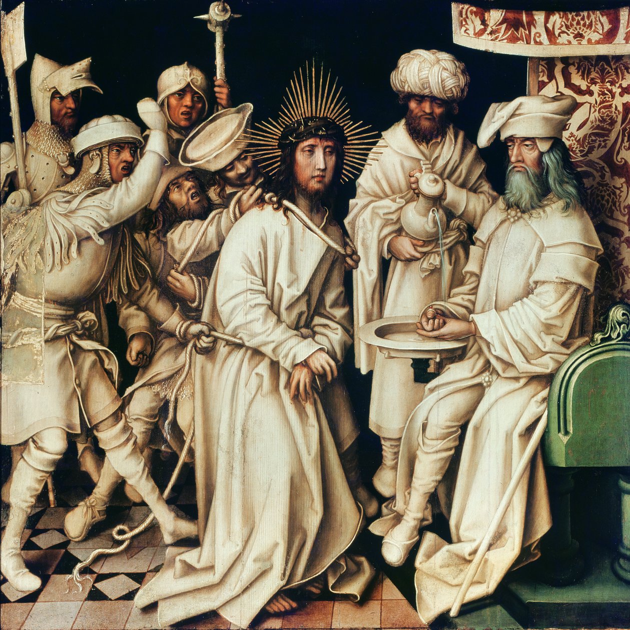 Pilátus kezet mos, bal oldali tabló egy triptichonról, 1496 alkotó: Hans Holbein the Elder