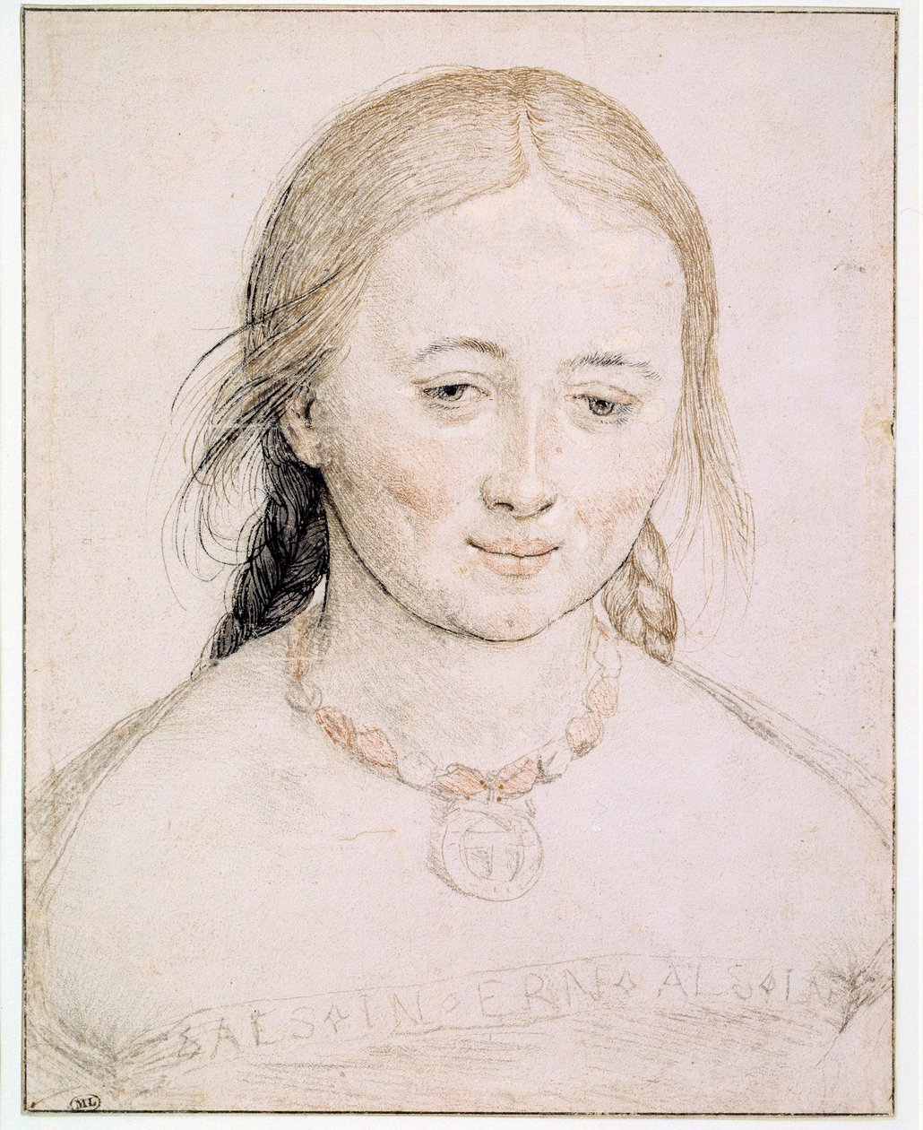 Fiatal nő feje Hans Holbein rajza fém, toll és vér hegyén a régi (1460-1524) 16. századi napról. 0,19x0,15 m Párizs, Musee du Louvre alkotó: Hans Holbein the Elder