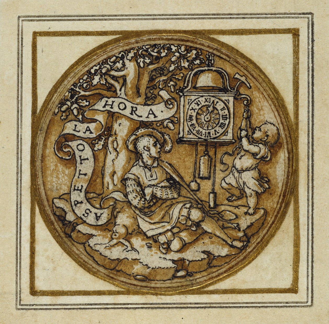 Az idő allegóriája – Medál- vagy kalapjelvény tervezése, 1532-43 körül (toll és tinta papíron) alkotó: Hans Holbein der Jüngere