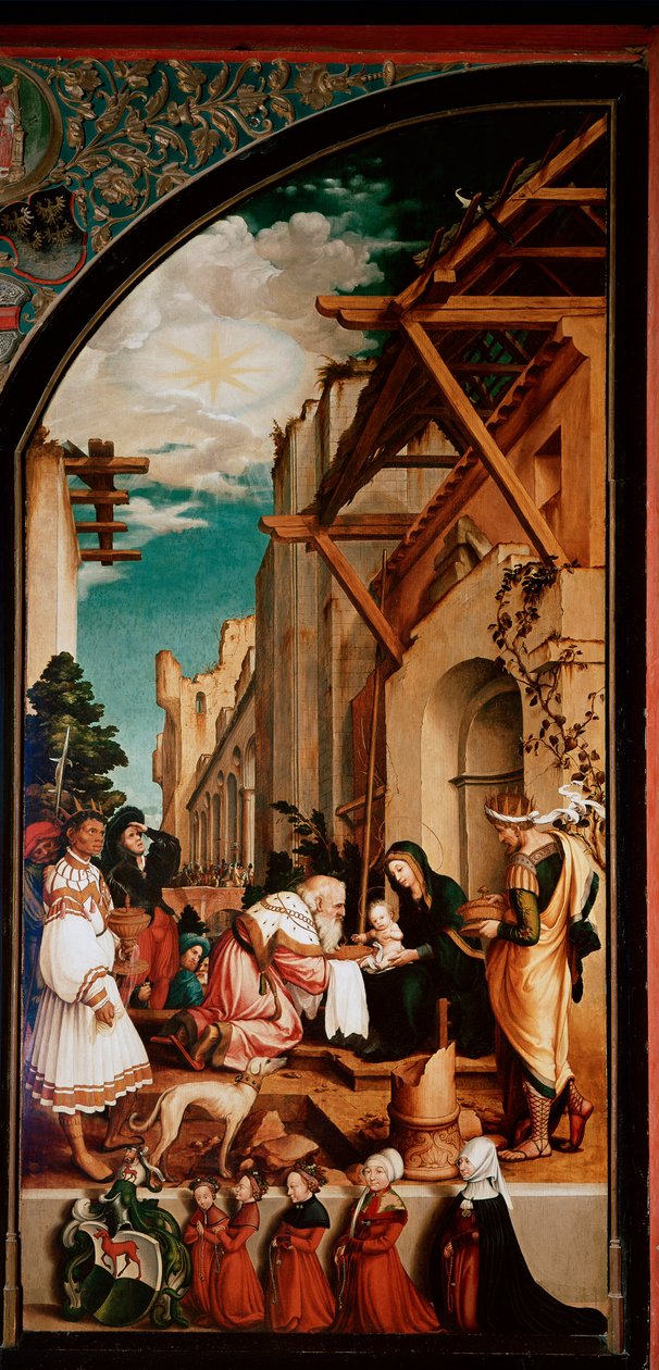 Oberried oltárkép: „A mágusok imádata”” Detrempe fán, Hans Holbein the Young (1497/8-1543) 1521-1522 V. 231x109 cm Cathedrale de Fribourg, Svájc alkotó: Hans Holbein der Jüngere