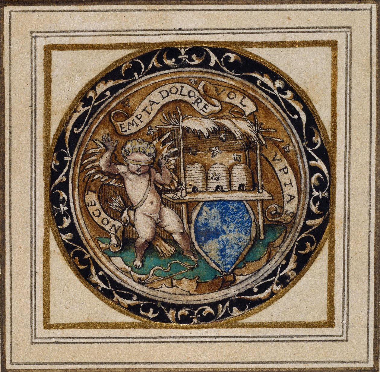 Ámor megcsípte a méheket – Medál- vagy kalapjelvény kialakítása, 1532-43 körül (toll és tinta papíron) alkotó: Hans Holbein der Jüngere