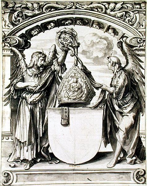 Tervezés egy üvegfestményhez, 1520 körül (toll és szürke mosás fekete krétával papíron) alkotó: Hans Holbein der Jüngere