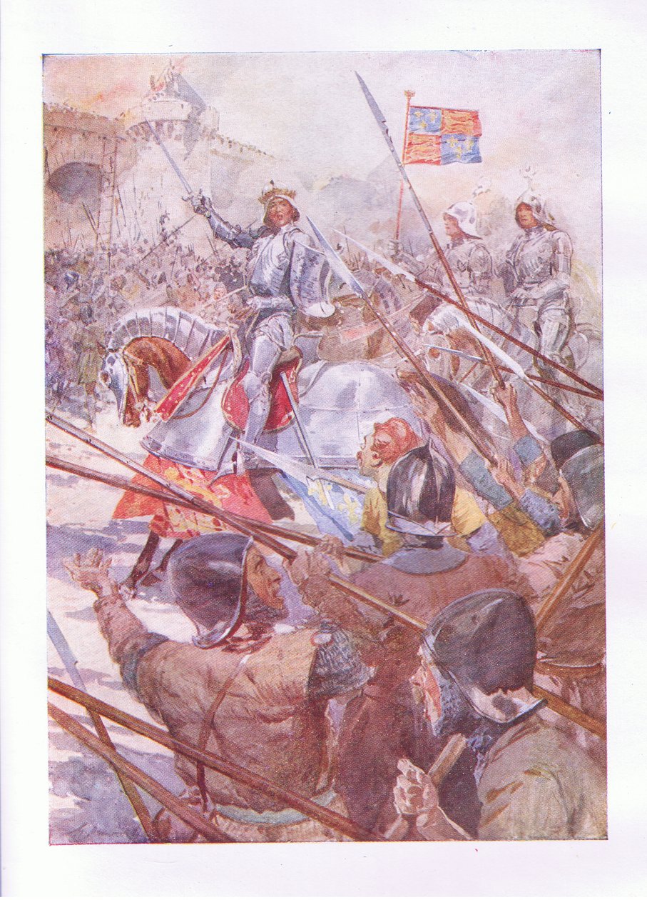 Isten Harryért! Anglia és Szent György! (V. Henrik király), a George Harrap & Co Ltd. által kiadott Shakespeare teljes műveiből, 1920-as évek alkotó: Hans Holbein der Jüngere